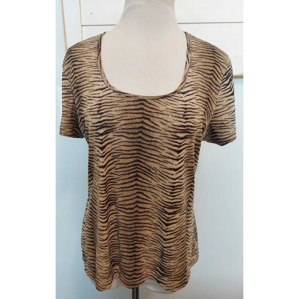 Women's Liz Claiborne XL Brown Pullover Blouse Top Short Sleeve Animal Print